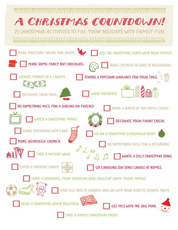 Use our Christmas countdown printable to fill your holidays with family fun.