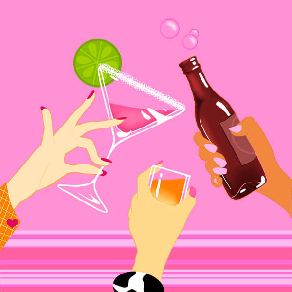 An illustration of three women's hands holding different beverages up in a toast against a hot pink background.