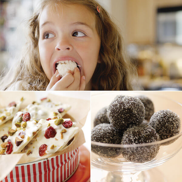 A girl eating a piece of Christmas candy, under images of white chocolate pistachio bark and rum balls.