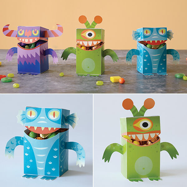 Halloween treat boxes that looks like monsters.