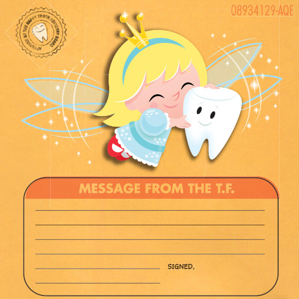Tooth fairy certificate featuring a fairy with blonde hair and wings hugging a tooth and a space to write a message.
