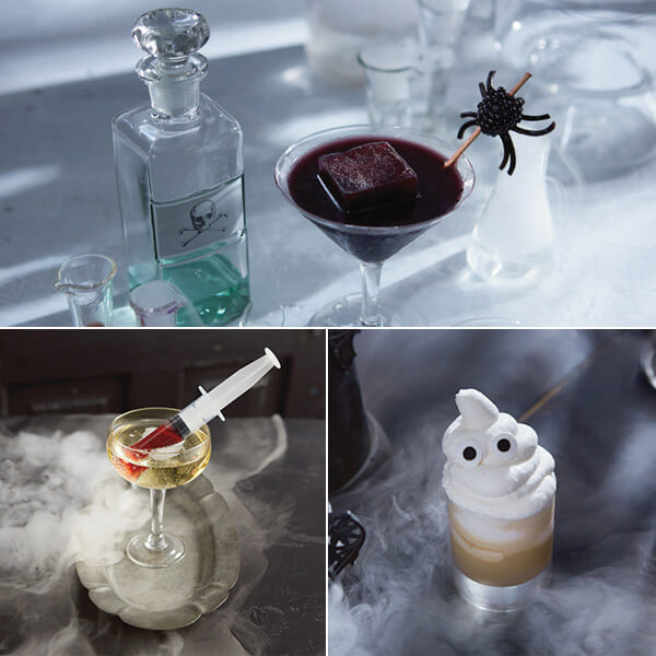 Ideas for Halloween cocktails and garnishes, including the black widow, the blood draw and the shiver maker.