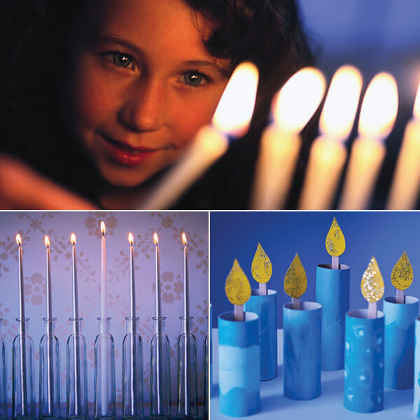 A person lighting a menorah, with supplementary images of two other menorahs.