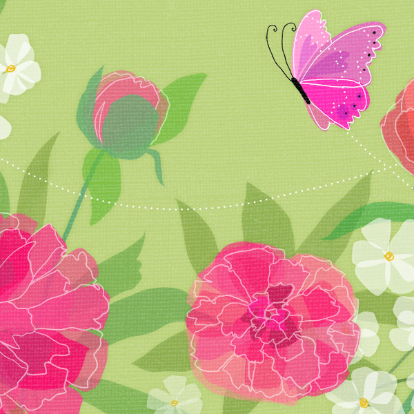 A garden illustration with flowers and butterflies.