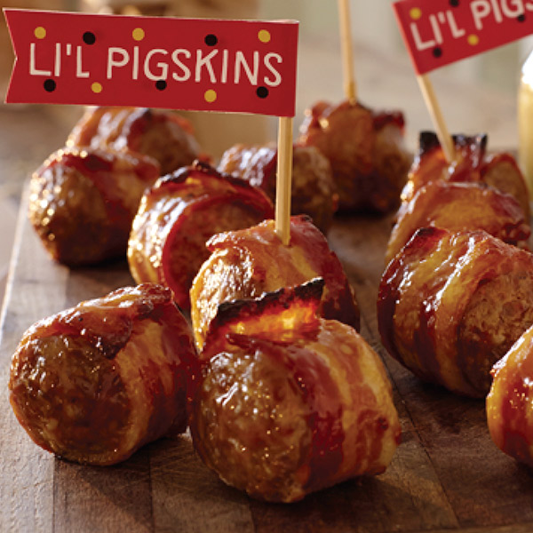 Bacon-wrapped beer brat bites
