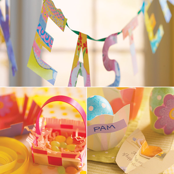 Easter crafts including a garland, treat basket and egg-cup place cards.