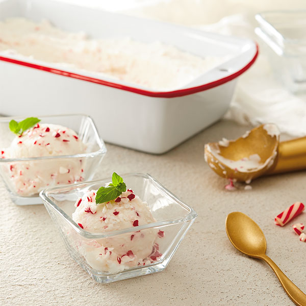 Two dishes of peppermint ice cream with candy cane pieces mixed in and a mint leaf garnish.