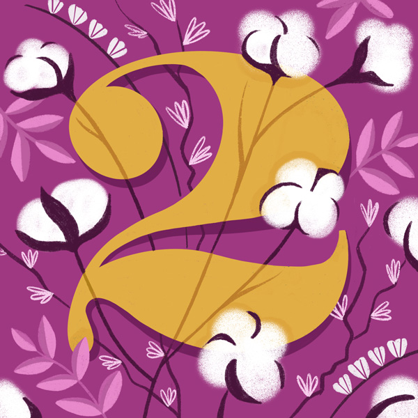 2-anniv-ideas The number two (for 2nd anniversary) in gold against a violet background, decorated with cotton bolls (for the traditional 2nd anniversary gift)