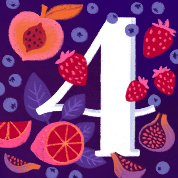 4-anniv-ideas The number four (for 4th anniversary) in white against a deep purple background, surrounded with berries, citrus fruits, figs and a peach (fruit is the traditional 4th anniversary gift)