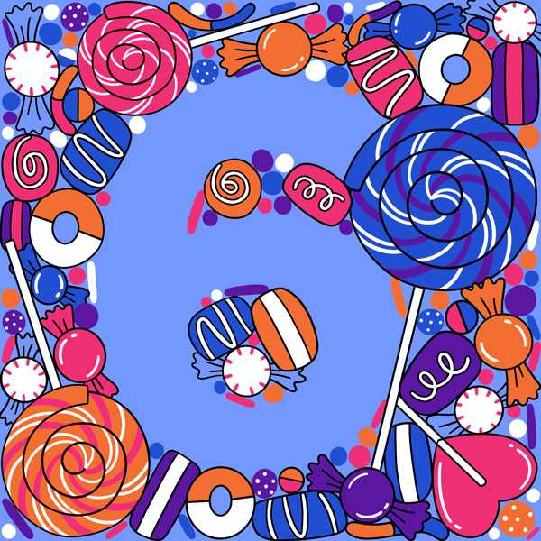 6-anniv-ideas The number six (for 6th anniversary) surrounded by illustrated lollipops and candy (the traditional 6th anniversary gift)