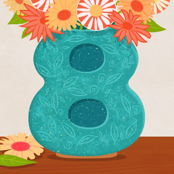 8-anniv-ideas Illustration of a turquoise vase (the traditional 8th anniversary gift is pottery) with a floral pattern shaped like the number eight (for the 8th anniversary) on a table. The vase is filled with flowers in a variety of colors.