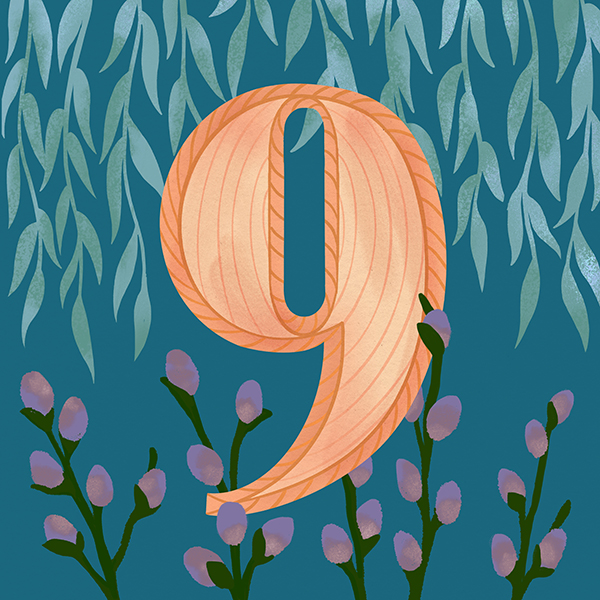 9-anniv-ideas Illustrated woven number nine (for 9th wedding anniversary) against a blue background with illustrated willow tree and pussy willows (willow/wicker is the traditional 9th anniversary gift)