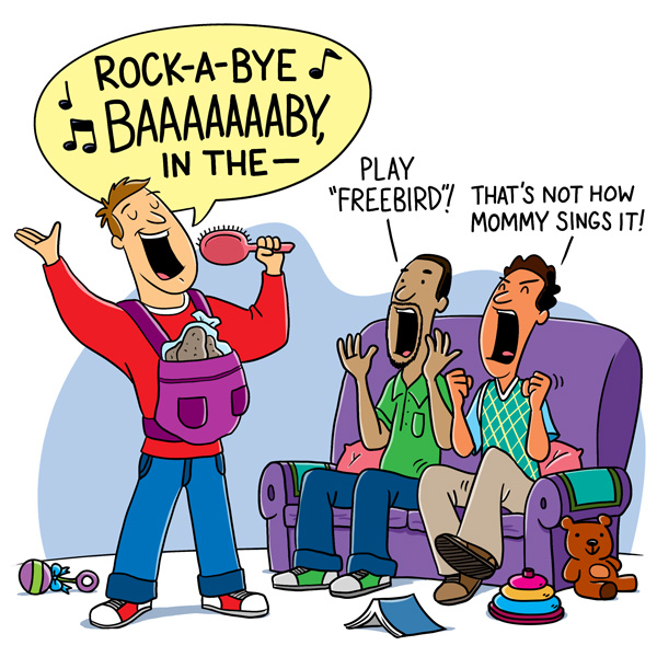 Cartoon of a dad singing at a dad baby shower.