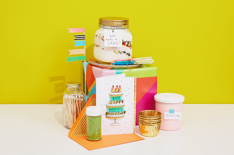 Birthday care package with card and party supplies