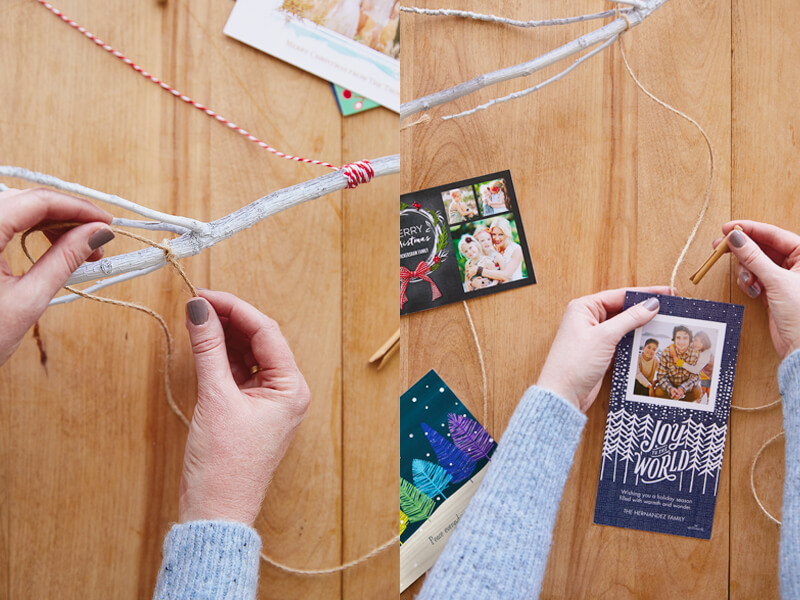Side-by-side photo of attaching photos to the string hanging from the winter branch Christmas card display.