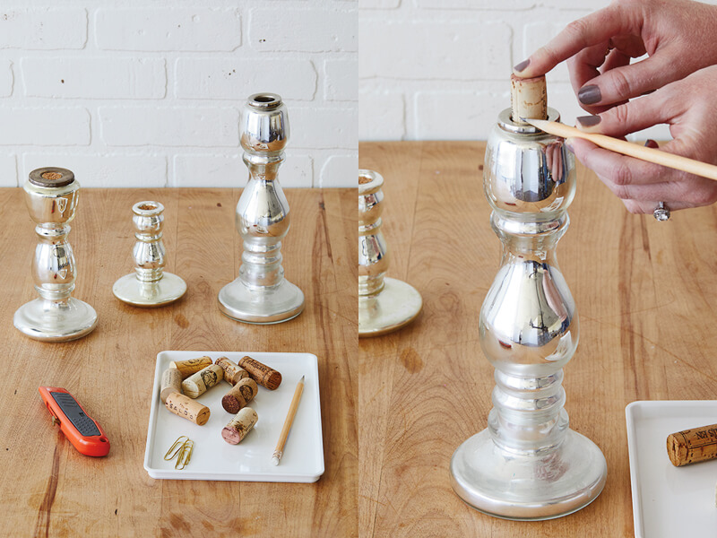 Candlestick Christmas card holder, with a close-up of how to insert a cork using a pencil.