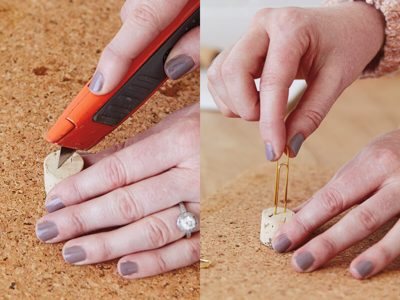 A side-by-side shot of using a utility knife to make an incision in a cork and inserting a paper clip into it.