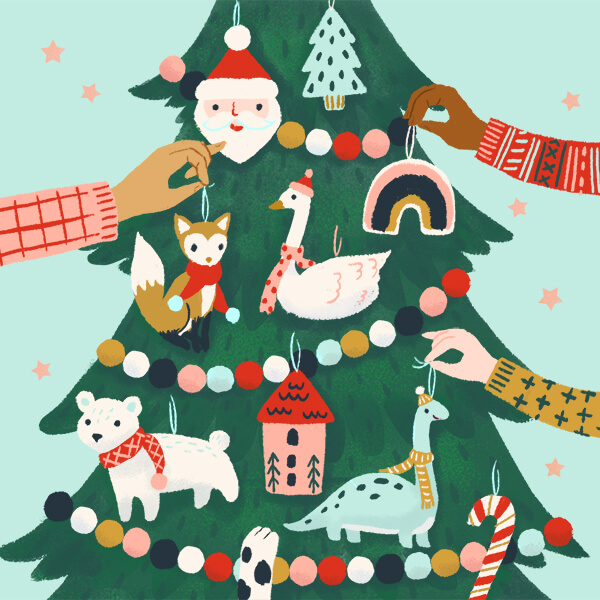Kids putting ornaments on trees