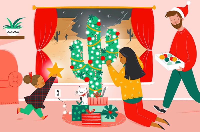 Illustration of a family decorating a cactus-shaped Christmas tree.