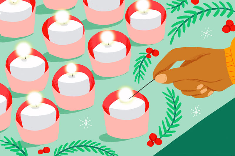 An illustration of a person lighting candles.