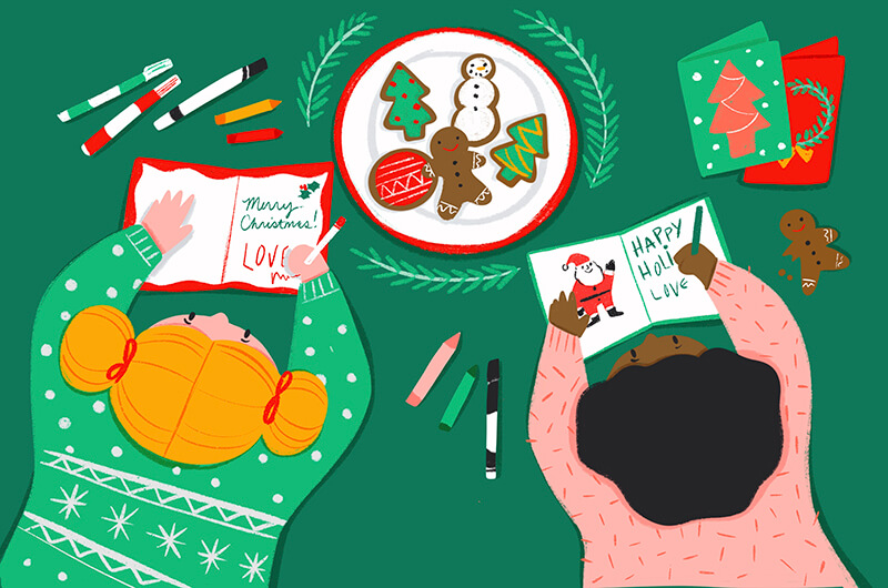 Illustration of two kids writing letters to Santa with cookies on a plate.