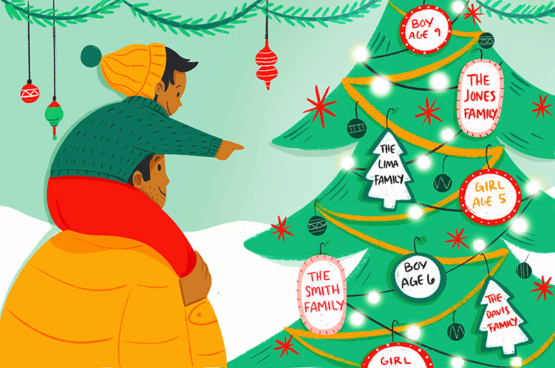 An illustration of a child on his dad's back pointing to a giving tree.