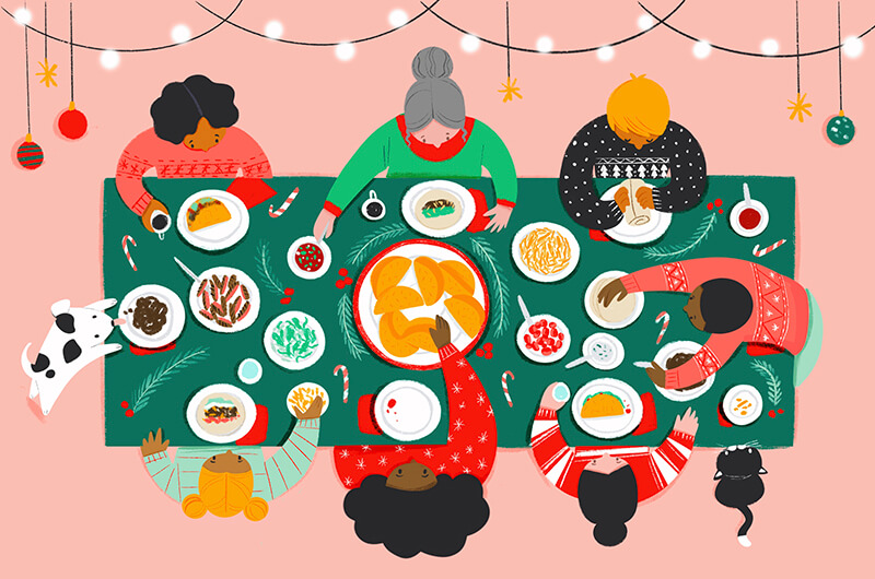 Illustration of a family sitting at a table having dinner.