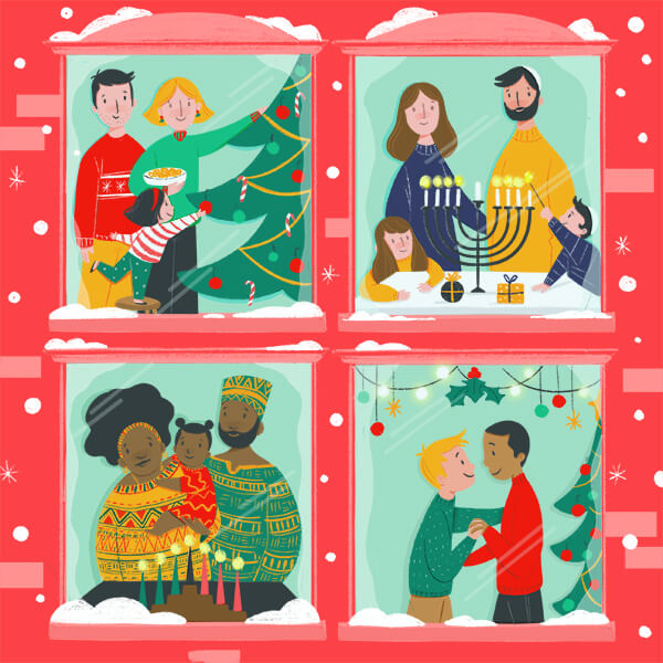 Illustration of four holiday family traditions, including decorating the tree, Hanukkah, Kwanzaa and under the mistletoe.