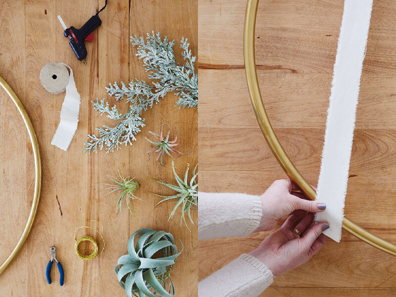 A side-by-side shot of supplies for the gold hoop card holder and placing ribbon on the outside of the hoop.