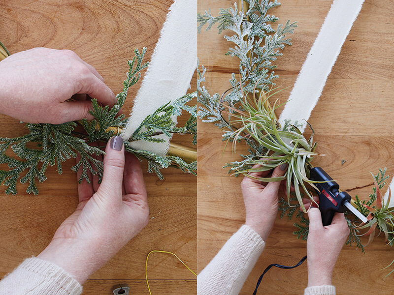 A side-by-side shot of using either brass wire or glue to attach greenery to the card holder frame.