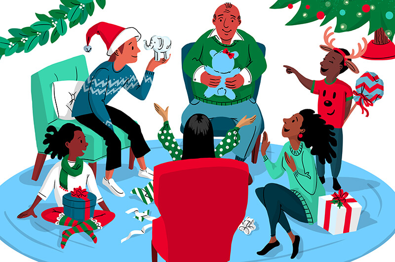 Illustration of a family exchanging gifts.