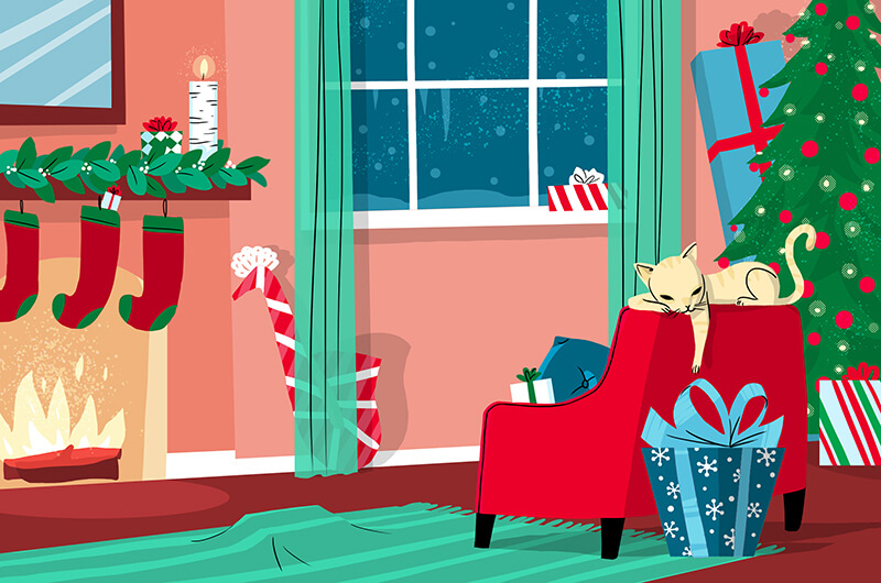 Gifts hiding in a holiday living room scene with a cat.