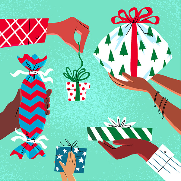 An illustration of different hands holding presents in colorful and patterned gift wrap.