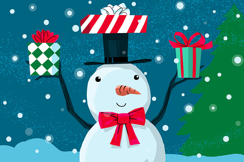 An illustration of a snowman with a red scarf bow and holding presents on its head and arms.