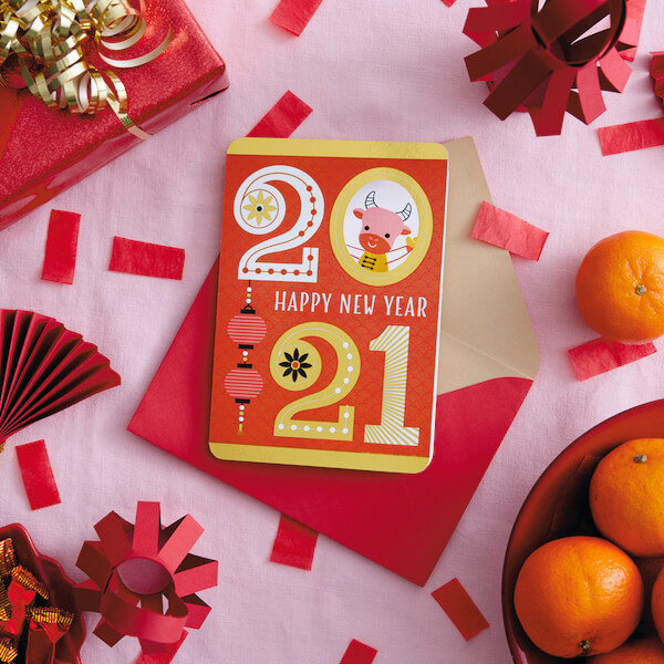 Chinese Lunar New Year Card with Red Envelope and oranges