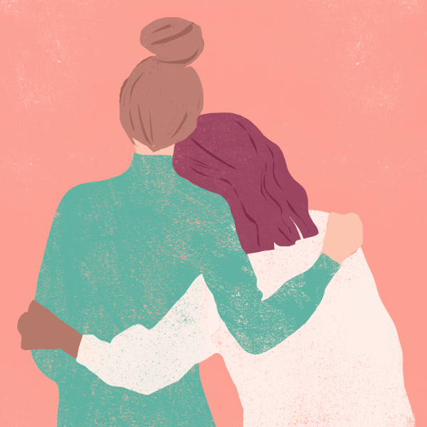 Illustration of two women hugging each other.