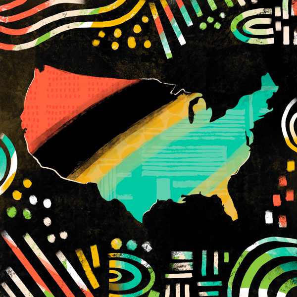 USA map wih African-American-inspired colors - Celebrate Black History Month