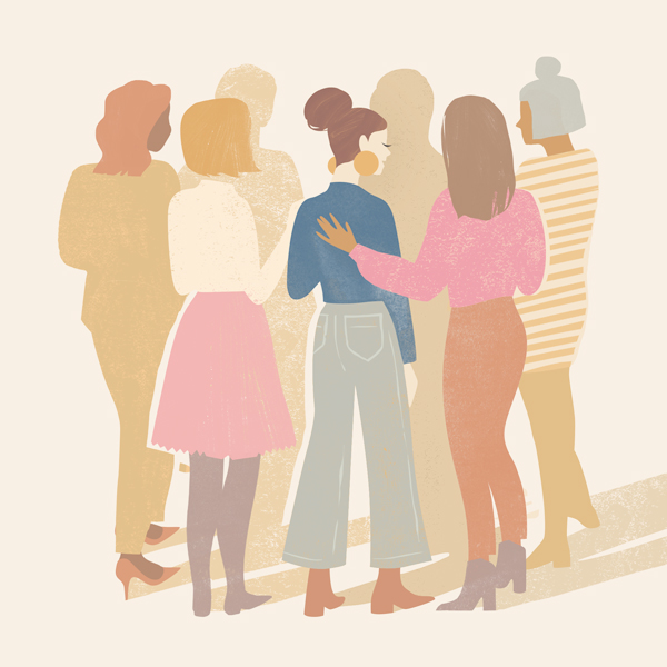 Illustration of women standing in a group together.