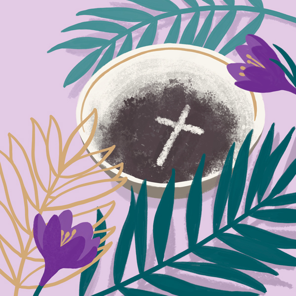 Bowl of ashes with a cross in them surrounded by palms for Lent