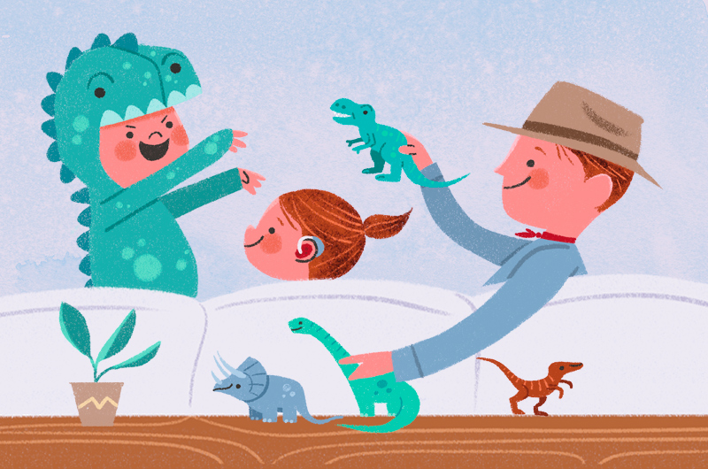 family acting out dinosaur movie on couch