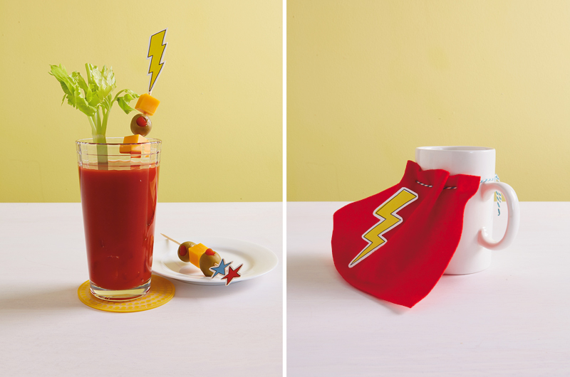 Bloody Mary with superhero printable (left) coffee with superhero cape (right)