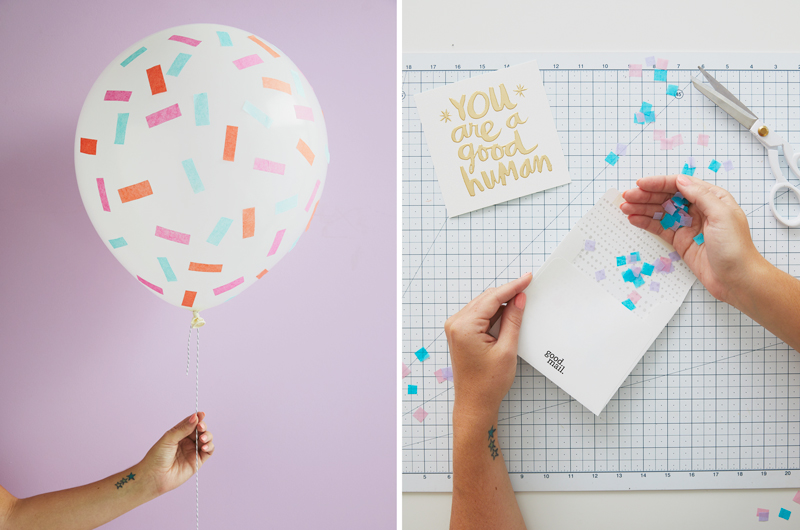 confetti in a balloon (left) confetti on a table with hands and envelope (right)