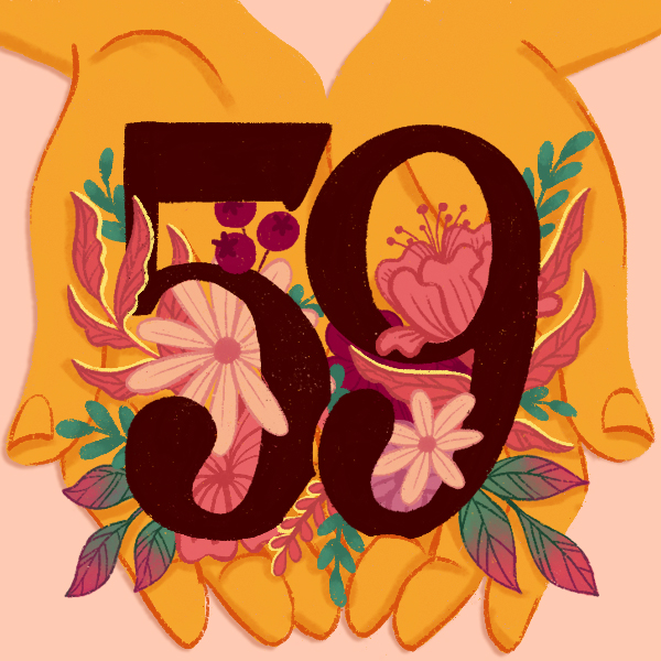 The number 59 with hands and flowers [Anniversary Gifts by Year]