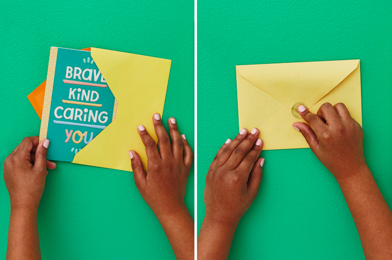 Kid putting card into envelope and addressing envelope