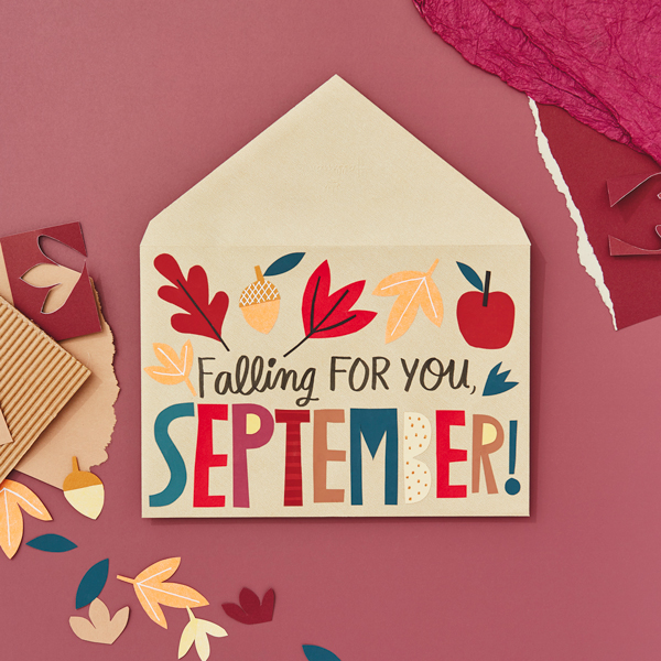 Falling for your September written on an envelope with leaves