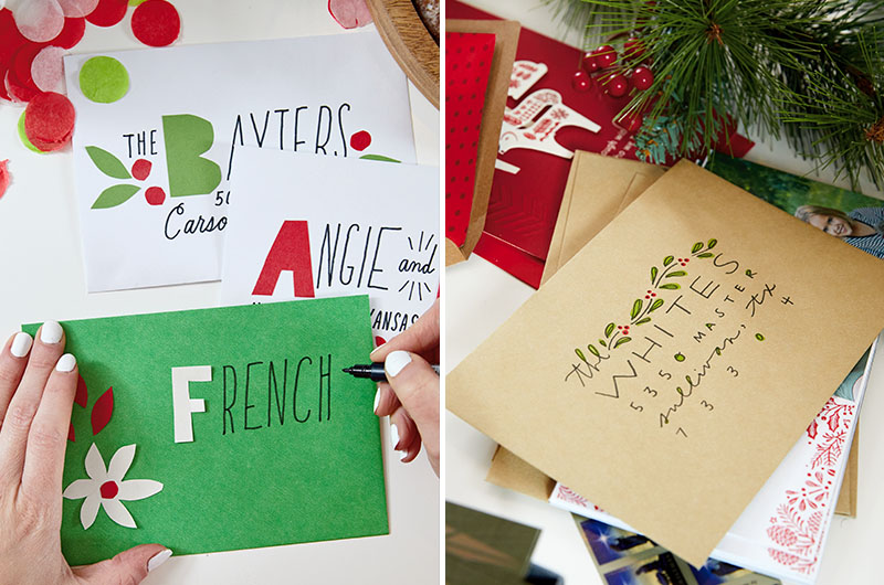 Side by side photos of piles of holiday cards in a variety of colored envelopes, decorated and addressed in hand-lettering