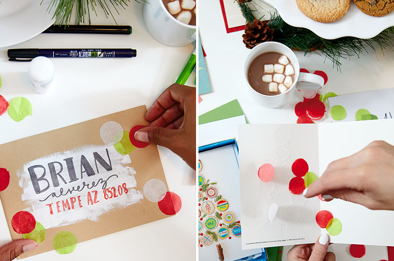 Confetti dots made of tissue paper used to decorate a kraft paper envelope and added to the inside of a greeting card