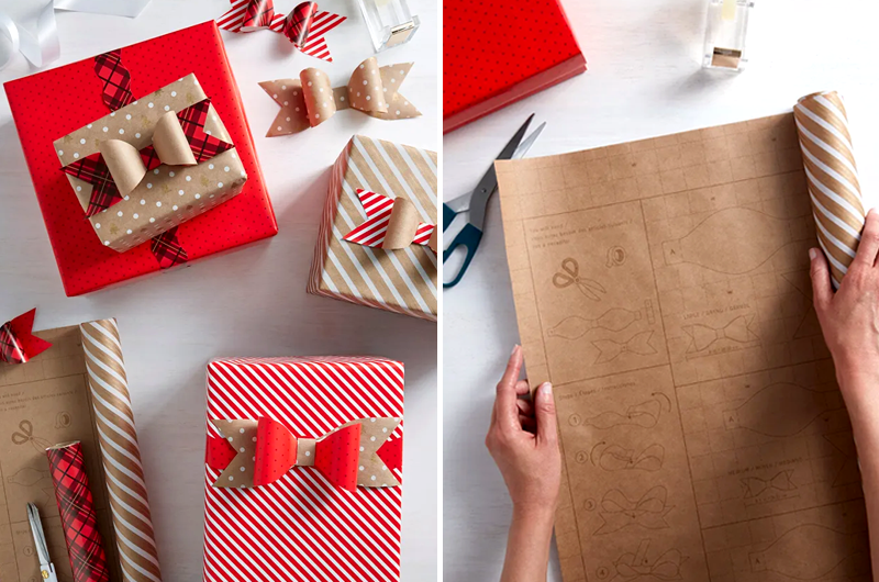 Gifts topped with wrapping paper bows and gift wrap with bow template on reverse side.