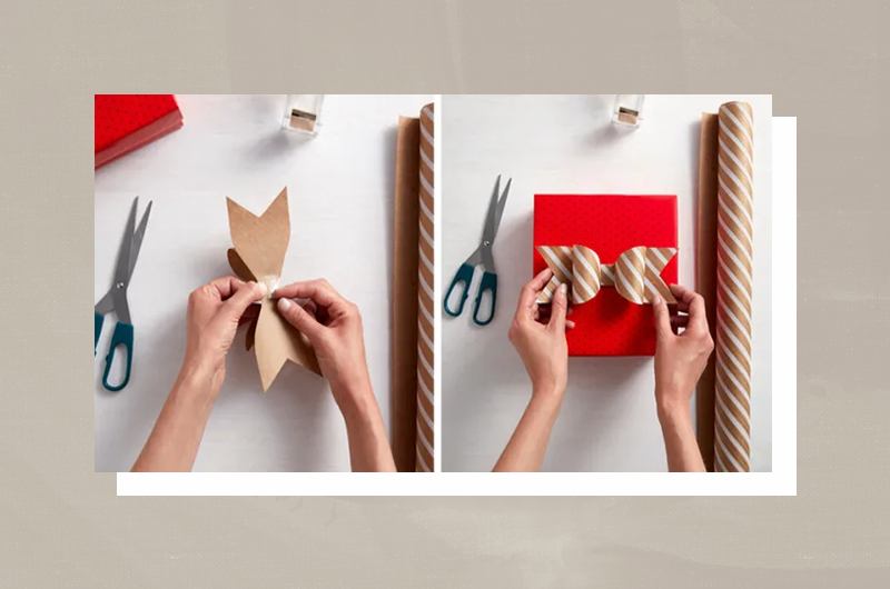 Hands tapping wrapping paper bow on present.