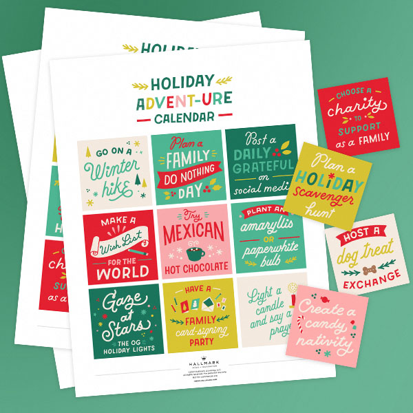 Advent calendar activities on sheets of paper.